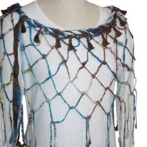 Royal Blue, Brown & Cream Sari Silk & Handknotted Banana Fiber Poncho Tassels